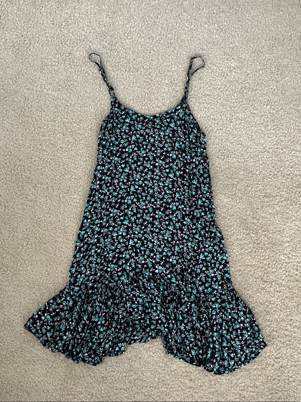 Rusty Black and Teal Floral Lightweight Mini Dress w/ Spaghetti Straps Size XS